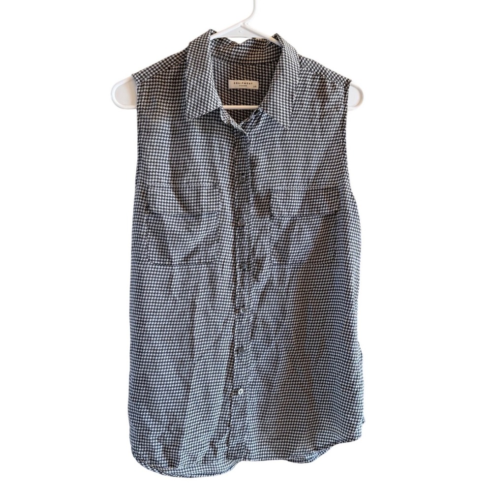 Equipment Size L 100% Silk *flaw Houndstooth Sleeveless Top Button Down Collared